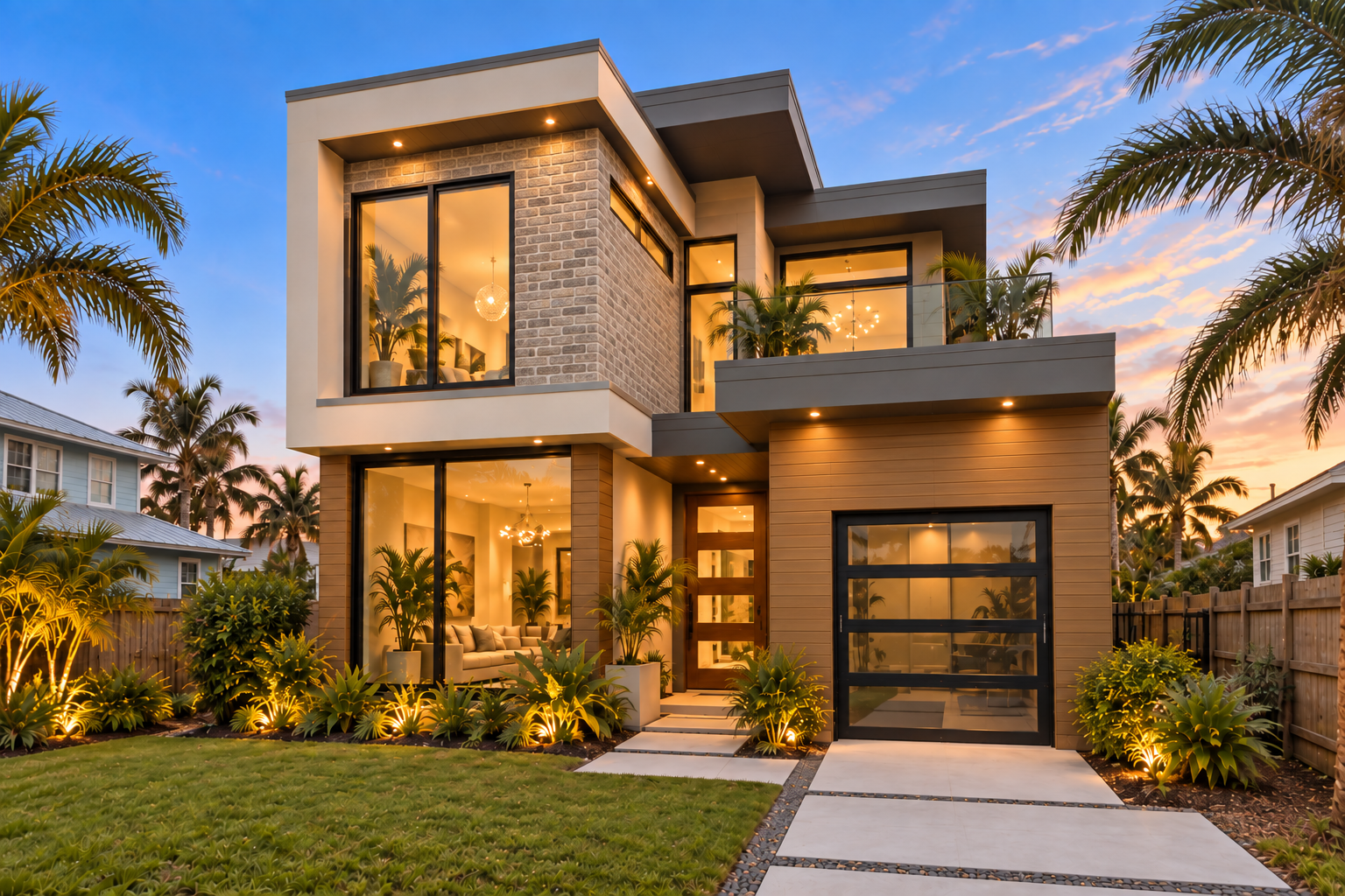 Modern two-story home with a brick-look column and warm wood-look siding