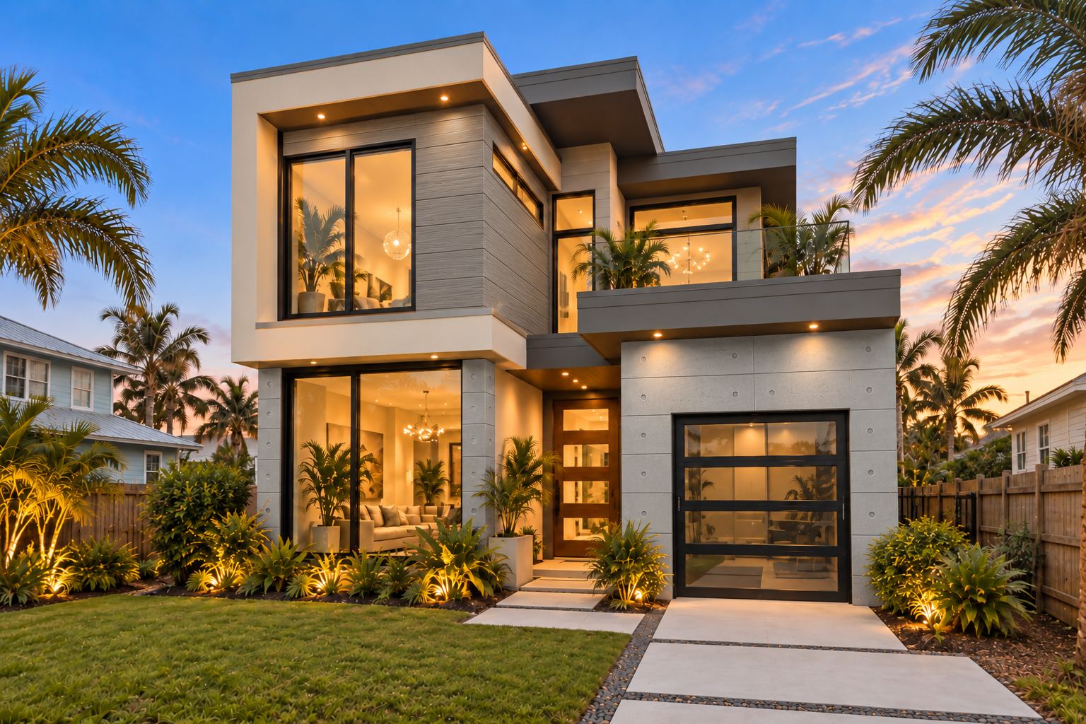 Modern two-story home clad in light and dark gray architectural panels