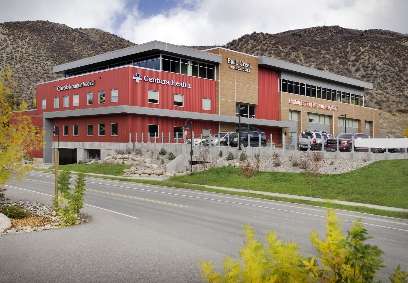 Healthcare facility exterior with fiber cement cladding