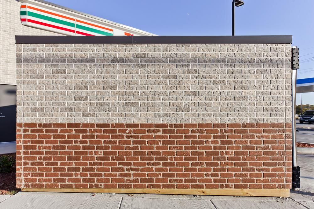 A close-up of the Nichiha fiber cement cladding from Nichiha’s Brick series at a 7-Eleven in Dallas, Texas.