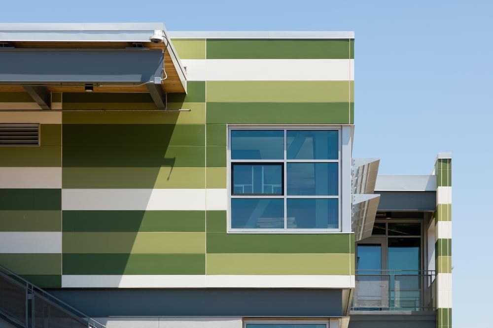 Mount Eden High School with green and white Illumination panels from Nichiha.