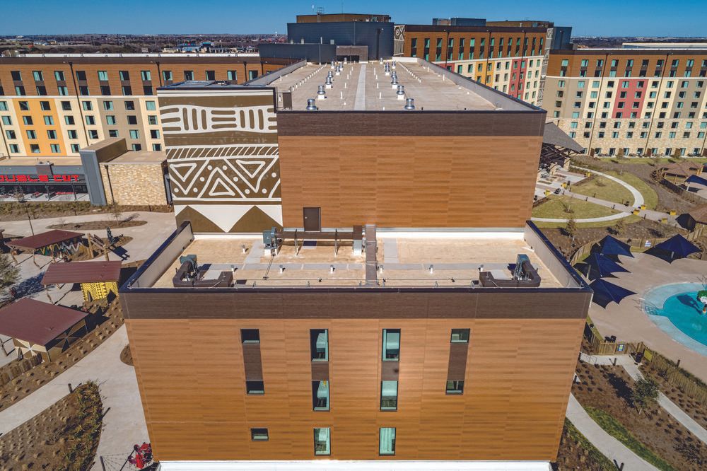 An aerial view of Kalahari Resort with fiber cement siding, tribal patterns and sidewalk paths.
