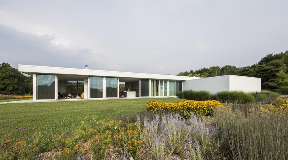 A white home with large windows and Nichiha&rsquo;s Illumination fiber cement siding in front of a field of wildflowers.