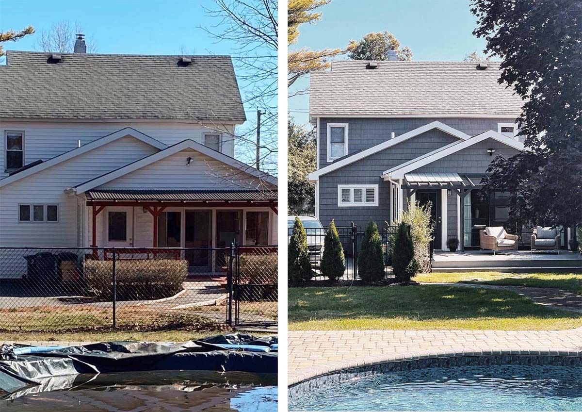 Before and after photos of a home. The before image (left) shows a white home with a fence separating the house from the pool. The after image (right) shows a modernized grey home with a renovated back porch.