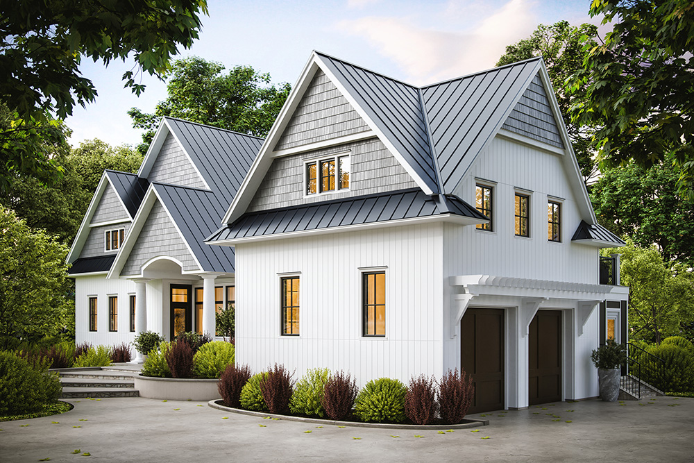 A traditional custom home utilizing Nichiha's VintageWood Smooth siding in white. The house is surrounded by lush trees.