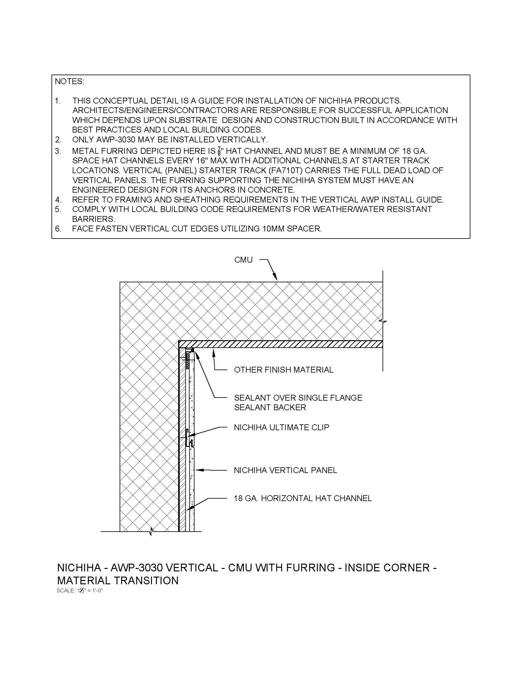 Architectural Wall Panel  –  AWP 3030 – Vertical – CMU – Inside Corner – Material Transition