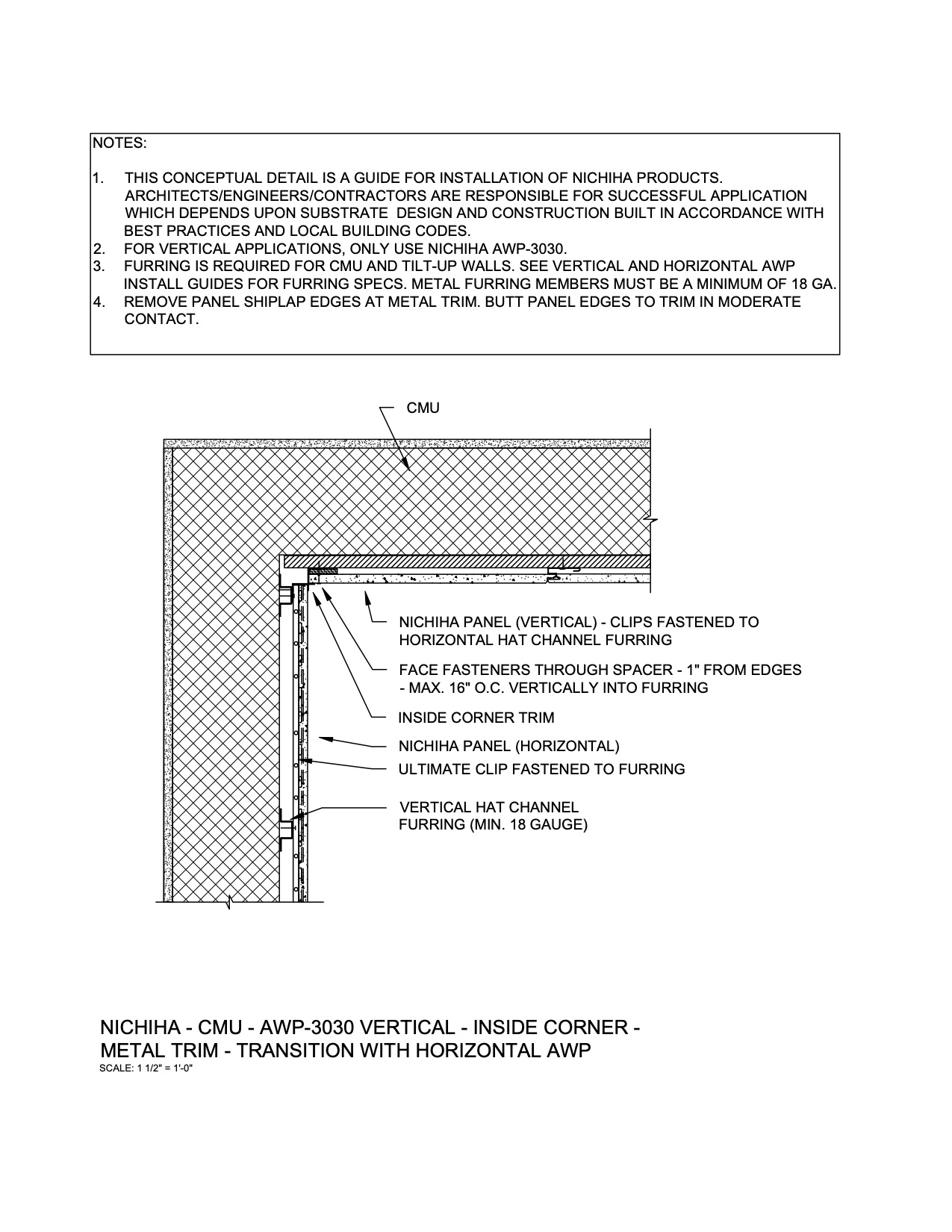 Architectural Wall Panel  –  CMU –  Vertical and Horizontal AWP  Transition at Inside Corner – Metal Trim